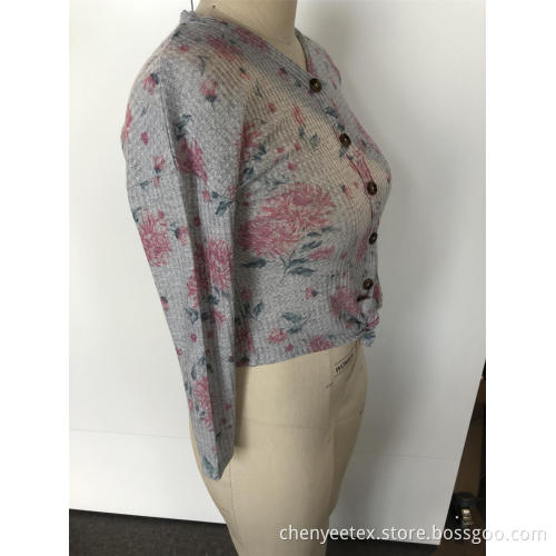 V-neck floral condole belt knit sweater
